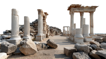 Ancient Ruins Pathway: A sunlit pathway winds through the remnants of an ancient civilization, showcasing weathered columns, broken stones, and the passage of time.