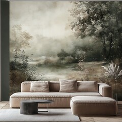 Elegant floral design wall with neutral sofa and modern decor high resolution picture