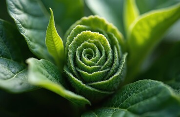 Green tea leaf spiral formation, showing intricate patterns, textures. Rich, fresh green foliage in bright light. Botanical detail, organic structure. Nature, health, wellness, environment,