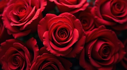 Obraz premium Rich display of dark red rose blossoms packed together, top view, forming an elegant and romantic background for festive occasions.
