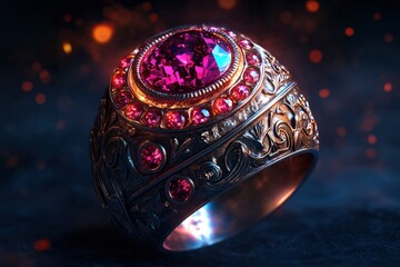 Intricate vintage ring showcasing a large purple gemstone with smaller pink accents, set against a dark, smoky background