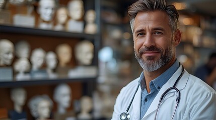 Fototapeta premium Confident physician gesturing towards medical models in examination room