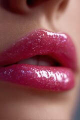 Obraz premium Woman's Lips with Shiny Pink Lipstick Glamorous Beauty Makeup Macro Shot