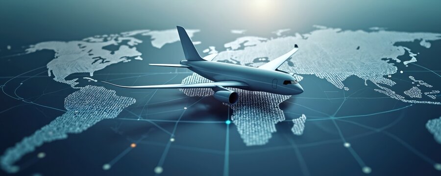 Airplane flies above world map concept. Aircraft symbolizes travel, worldwide delivery, navigation, and technology. Global business, exploration, international tourism, and aviation concepts.