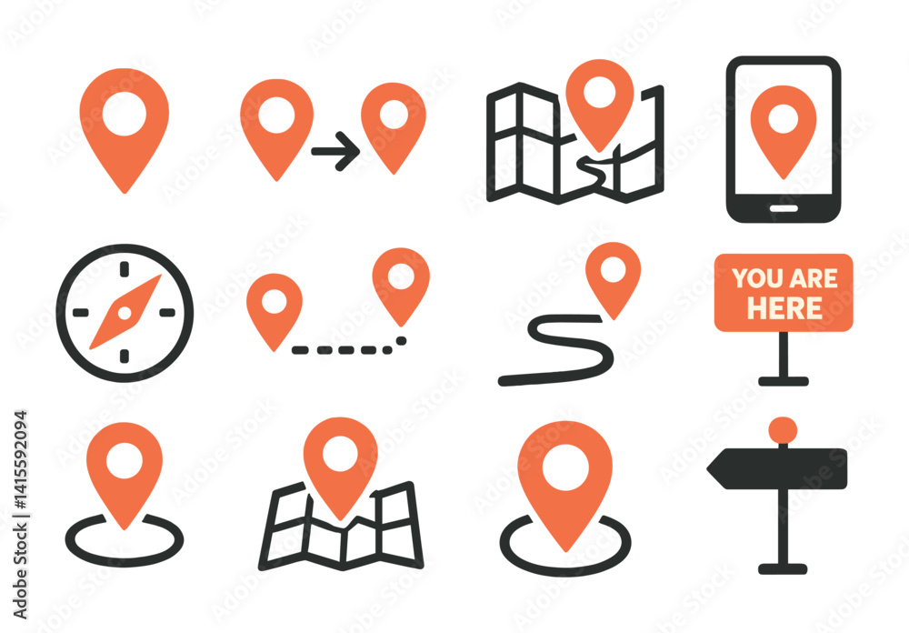 Poster navigation and location icon set: linear style for maps and gps