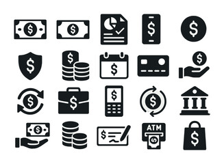 Comprehensive money and finance icon set: flat style for banking and investment applications