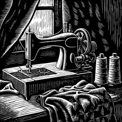 Vintage Sewing Machine and Thread Spools