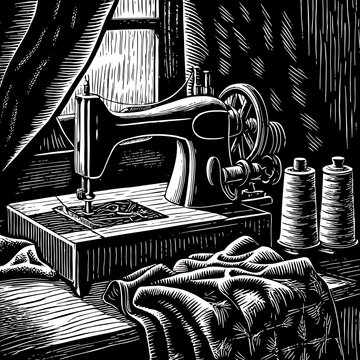 Vintage Sewing Machine and Thread Spools