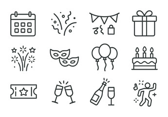 Celebration and party linear icon set featuring cake, balloons, and decorations