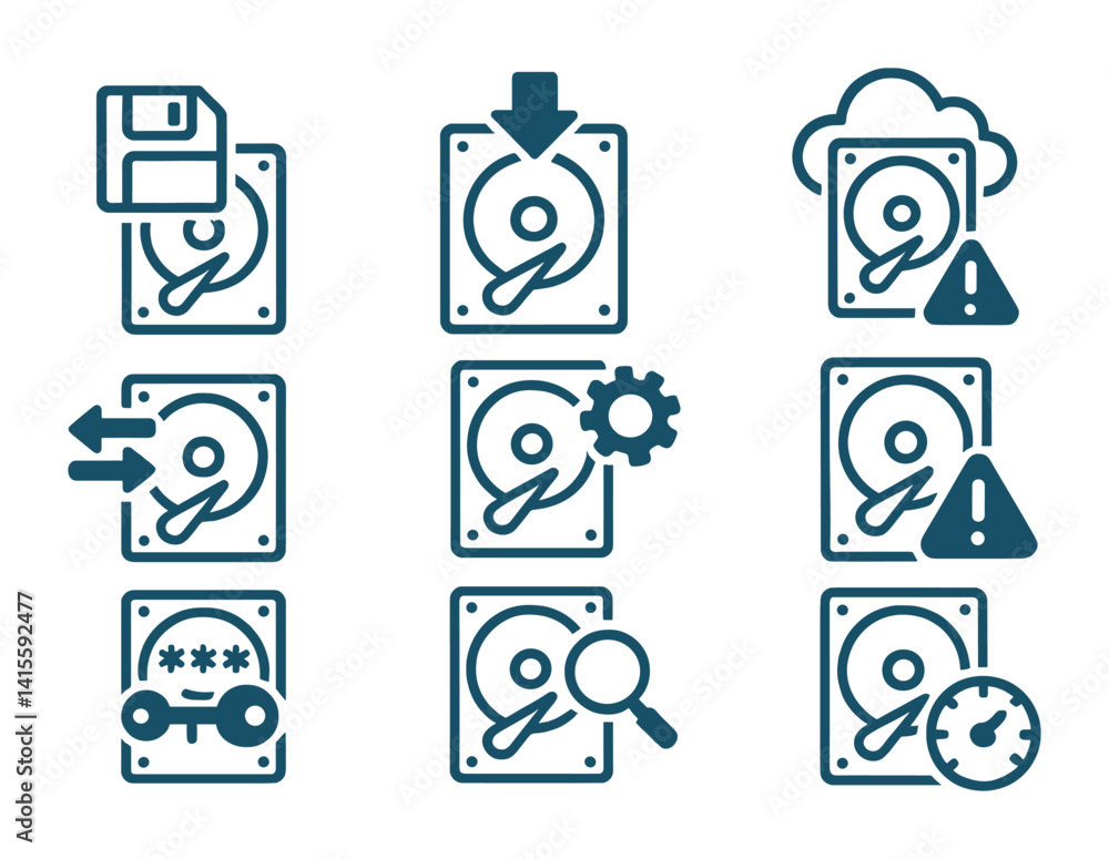 Poster hard drive linear icon set: data management and security symbols