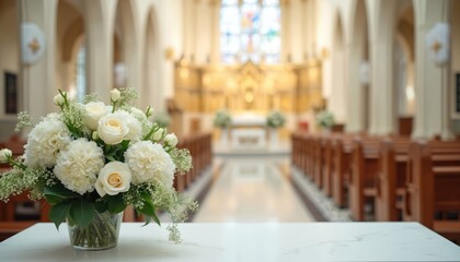 White flower arrangement church interior during wedding or funeral ceremony. Floral decor bouquet stands on marble table. Blurred background church aisle pews, altar. Marriage celebration concept.