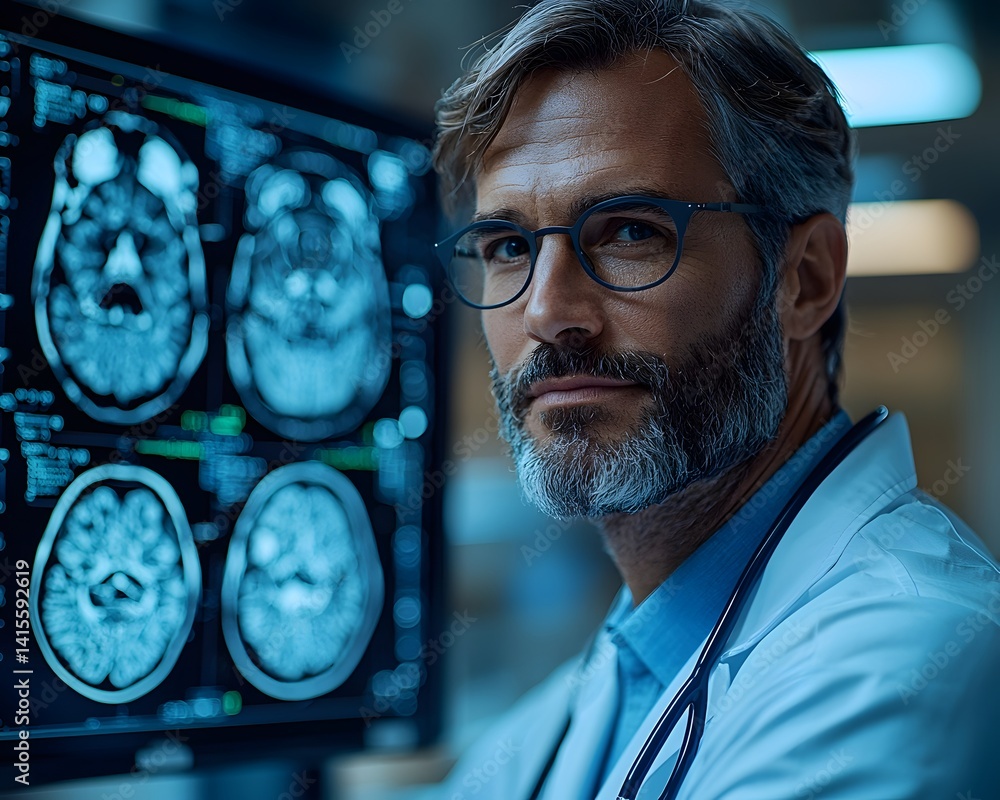 Poster radiologist reviewing a 3d ct scan on a digital screen