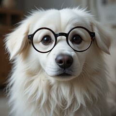 Adorable White Dog with Glasses Portrait Photo