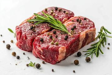 Piece of beef topped with rosemary and pepper, ready to be grilled on a wooden cutting board. Background of kitchen counter and utensils.