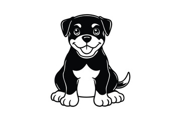 Black and white line art drawing of a Rottweiler pup sitting with a big grin and thick paws.eps