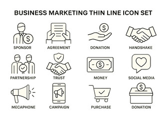 Business marketing icons set: linear style for agreements, donations, and social media