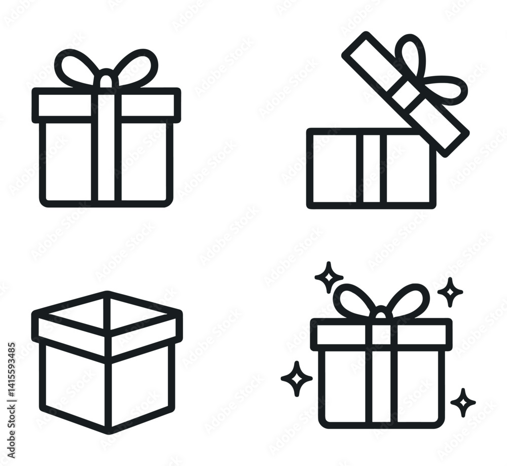 Wall mural minimalist gift box icon set: unwrapping, presenting, celebrating, sparkling in linear style