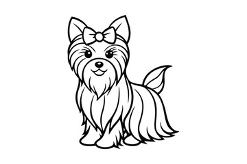Black and white line art drawing of a Yorkshire Terrier with silky long hair and a small topknot bow.eps