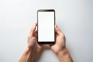 Hands gently holding a smartphone displaying a blank bright screen against a minimalist white background.