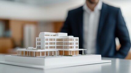 Architect evaluating modern building model in conference room