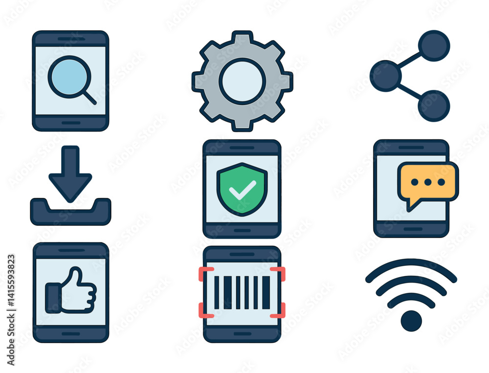 Poster mobile and technology icons set: linear style collection for digital interfaces