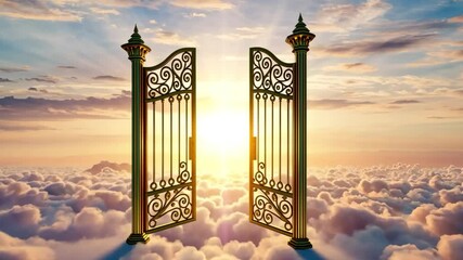 Golden gates opening in clouds with radiant sunlight in a dreamy, heavenly sky setting - Powered by Adobe
