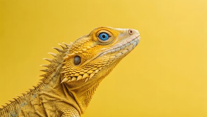 Fototapeta premium Yellow Central Bearded Dragon Profile on Yellow Background Wallpaper, Exotic Reptile Portrait
