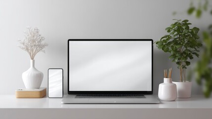 Laptop and Smartphone Mockup on White Desk with Plants and Decor