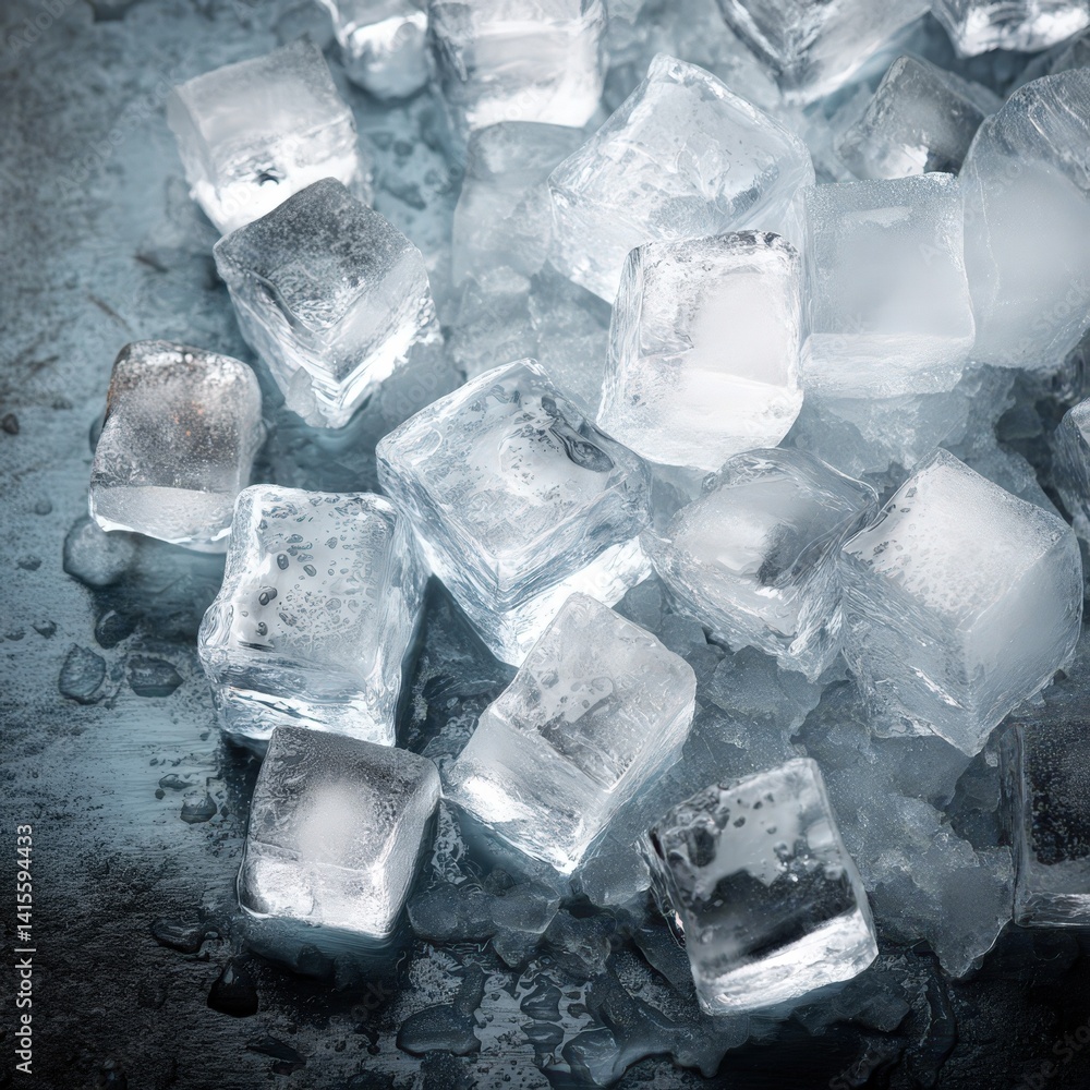 Poster close up shot of many crystal clear ice cubes on a dark background perfect for refreshing drinks and