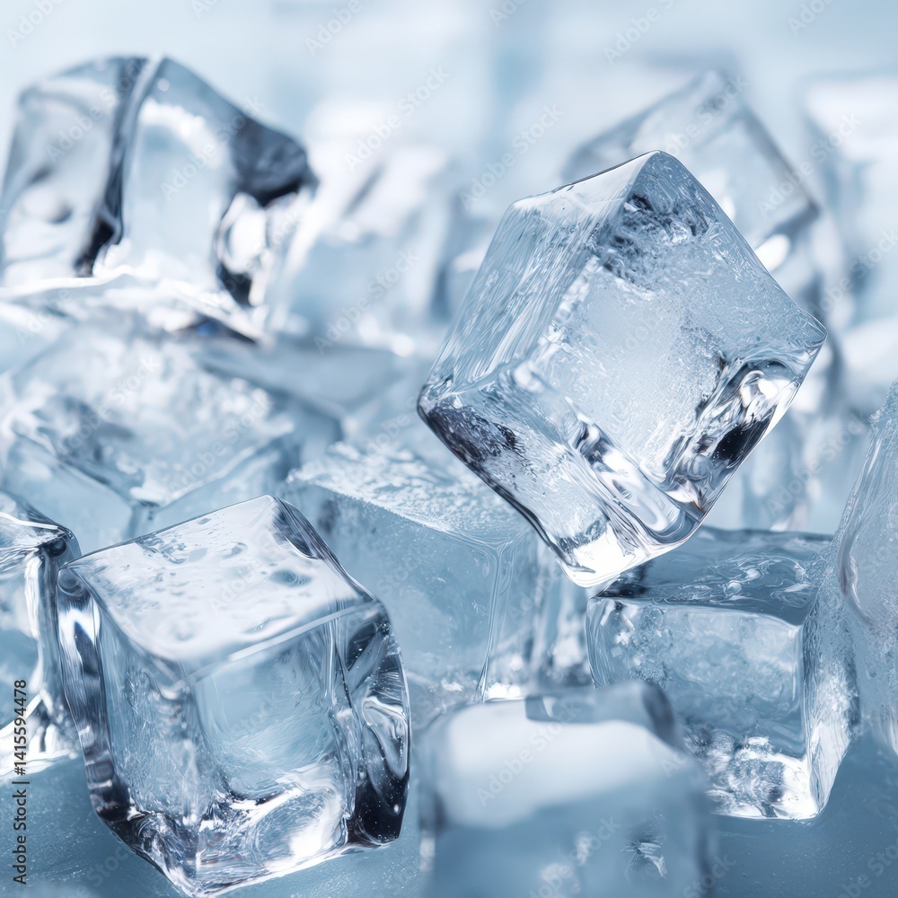 Poster sparkling clear ice cubes close up texture for refreshing drinks and cold beverages