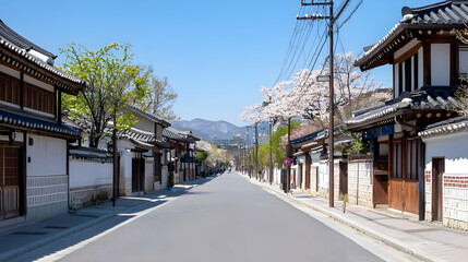 Peaceful Japanese Town Street with Cherry Blossoms in Spring
