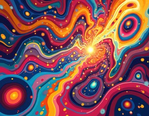 Colorful psychedelic background with vibrant swirls curves. Abstract design in red, green, yellow, blue, pink. Unique ornament with bright waves, circles. Fantasy decoration, creative illustration.