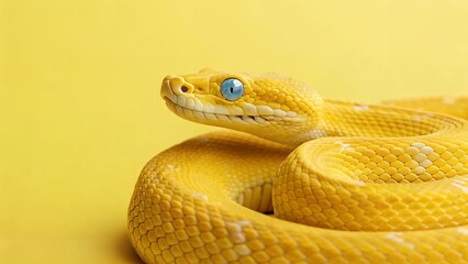 Fototapeta premium Striking Yellow Snake with Blue Eyes Background Wallpaper, Exotic Reptile Close-up Image