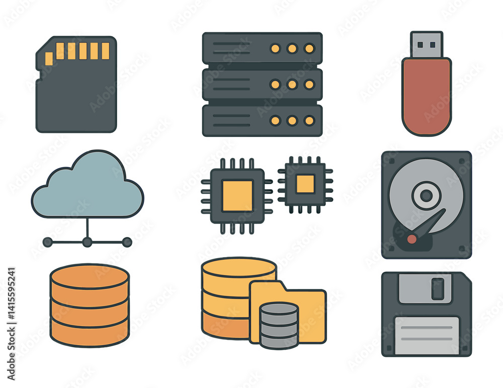 Poster data storage icons set: flat style for digital and cloud systems