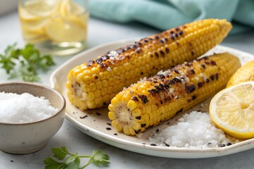 Grilled corn (bhutta) on a white plate with salt and lemon, isolated on light grey