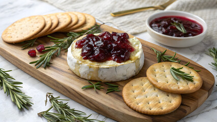 Holiday table with baked Camembert cheese and cranberry garnish 