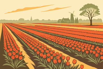 37 Vibrant tulip fields, Netherlands landscape, Rows of orange and red tulips, Vast flower cultivation, Spring blooms, Rural countryside, Distant village silhouette, Misty horizon, Agricultural beauty