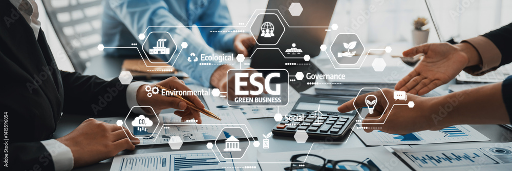 Poster a diverse business team collaborates in a modern office setting, focusing on esg strategies to promo