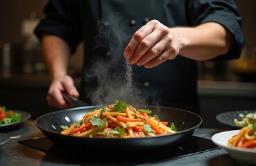 Pro chef adds salt to steaming hot pan with asian style food. Culinary expert cooking, flavoring dish. Menu idea restaurant, hotel, Asian food. Gastronomy, culinary.