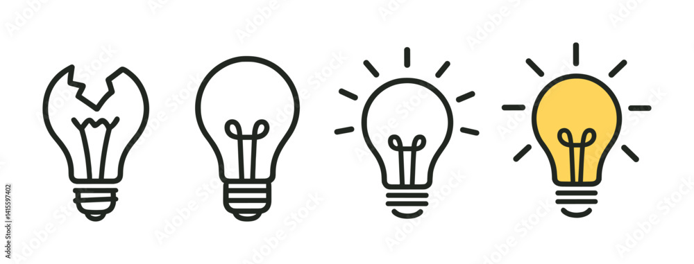 Poster light bulb icons set: evolution from broken to bright ideas in linear style