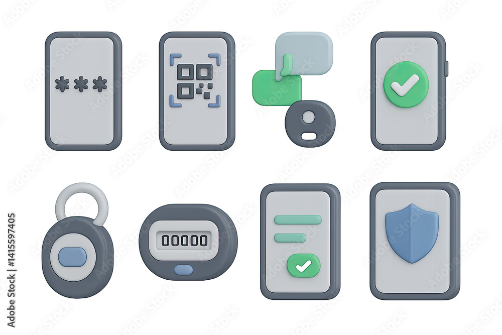 Aufkleber 3d icon set of 2fa authentication: mobile code, qr scan, push approve, token generator, key fob, log