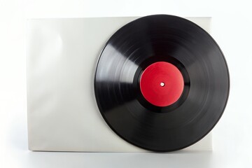 Obraz premium A classic vinyl record with a vibrant red label rests gently on its pristine white sleeve, a timeless symbol of cherished melodies and musical memories against a clean, bright background.
