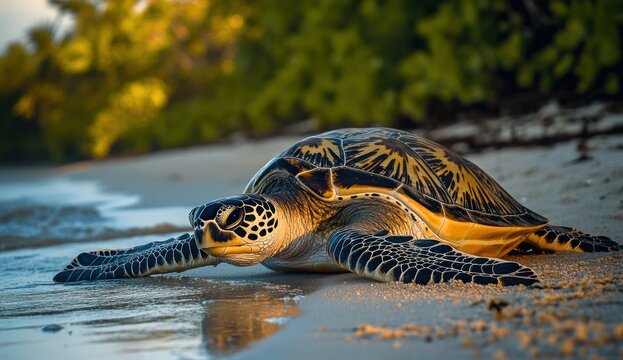 Sea turtle crawls on sandy beach with green vegetation in background.