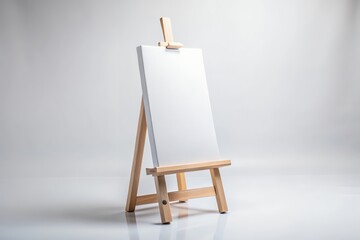 A blank canvas awaits the artist's touch, a pristine white surface poised on a simple wooden easel against a minimalist white backdrop.