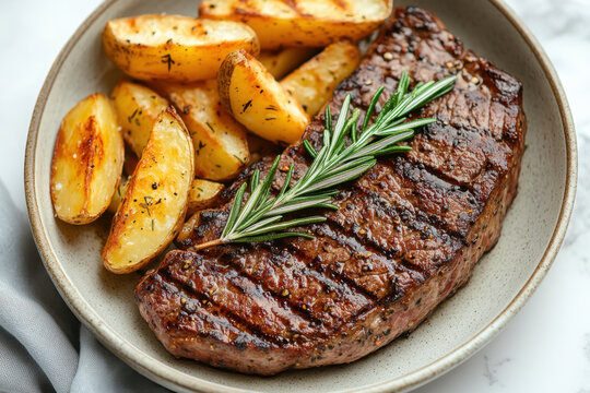 Plate of steak and potatoes on marble table, garnished with fresh herbs, creating an appetizing and classy meal presentation.