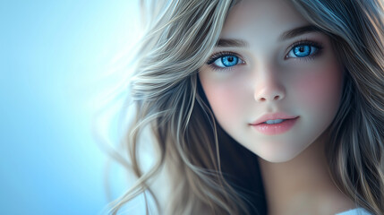 A confident girl with an expressive smile, looking directly into the camera, silky smooth hair.