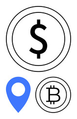 Dollar and Bitcoin currency icons alongside a blue location pin, reflecting finance, cryptocurrency, global transactions, digital payment systems, decentralized economy, fintech applications