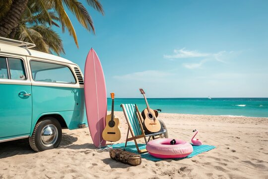 A carefree beach vacation unfolds beside a vintage van, guitars ready, surfboard waiting, and inflatable fun adding to the summer's joyful vibe under a sunny sky.