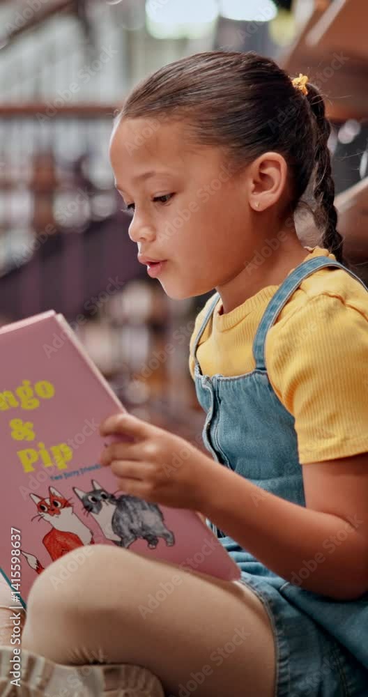 Poster Kid, reading and book on floor in library for knowledge, fantasy story and language development. Student, studying and literacy novel of academic growth, literature and information of education hobby