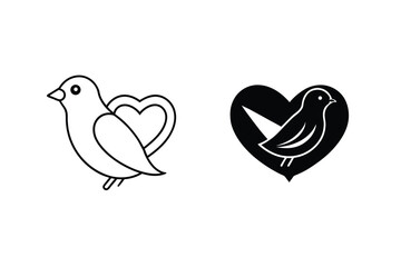Bird With Heart Icon Set Vector Line Art And Silhouette Style
